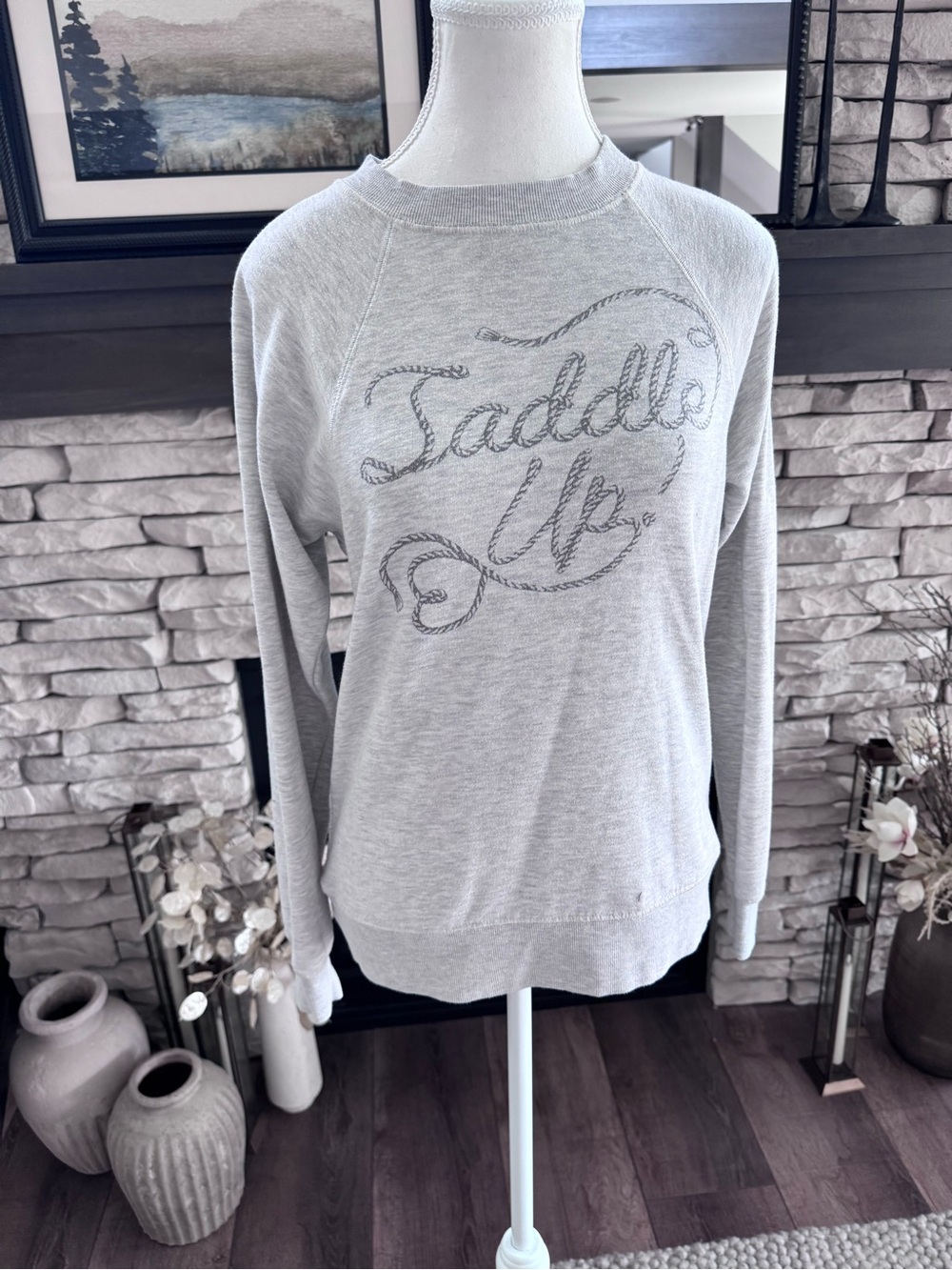 Anthropologie Women’s XXS Light Gray “Saddle Up” Pullover Crew Sweatshirt